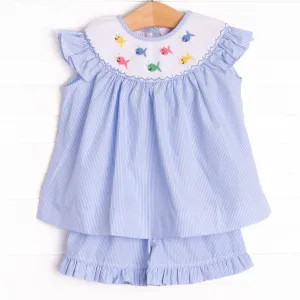 Fish Frenzy Smocked Ruffle Short Set, Blue