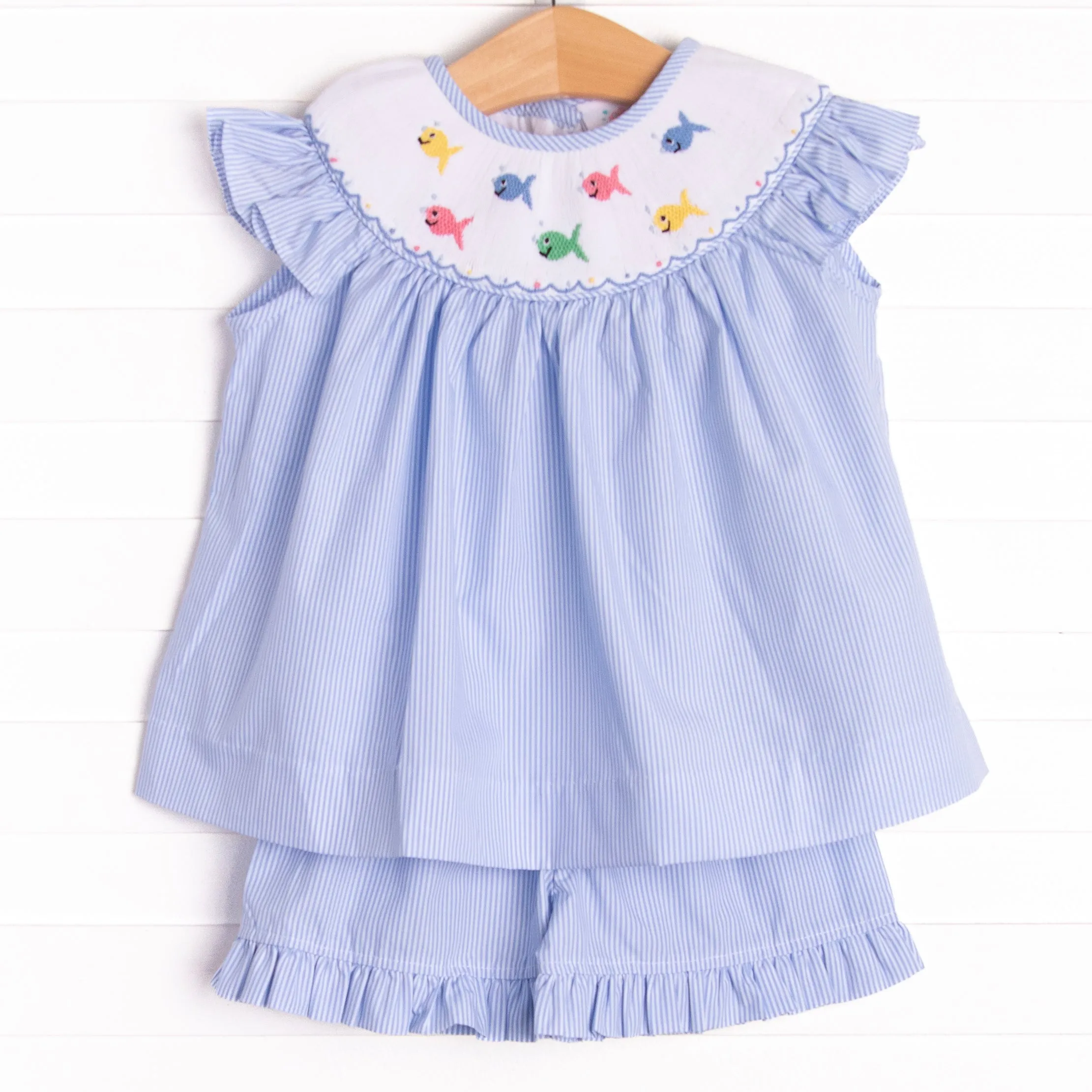 Fish Frenzy Smocked Ruffle Short Set, Blue