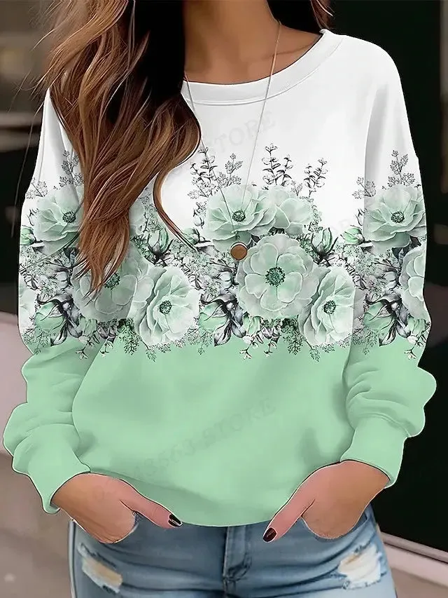 Floral Hoodie O-neck Hoodie Women Fashion Hoodies Women Sweats Floral Round Neck Pullovers