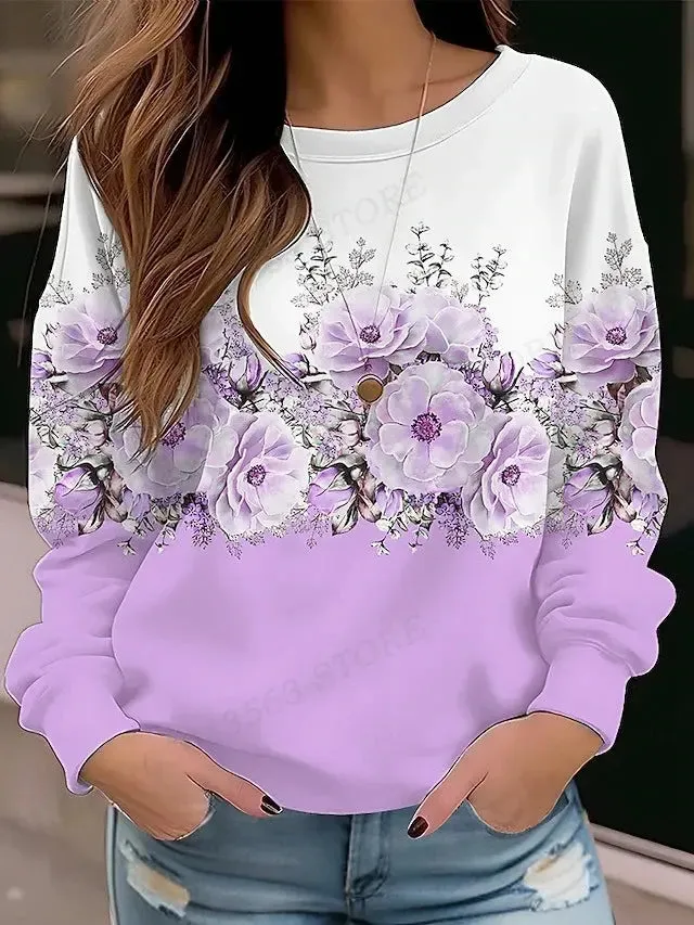 Floral Hoodie O-neck Hoodie Women Fashion Hoodies Women Sweats Floral Round Neck Pullovers