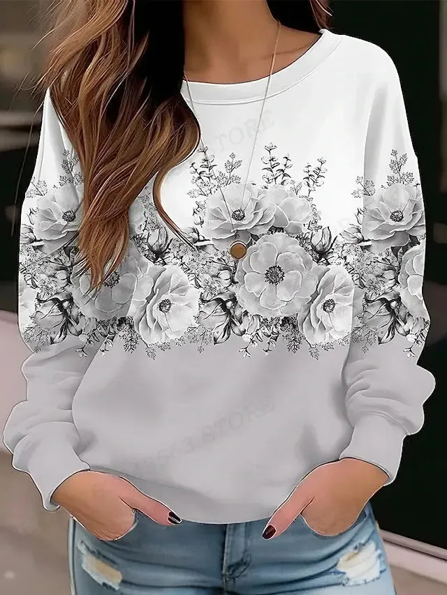 Floral Hoodie O-neck Hoodie Women Fashion Hoodies Women Sweats Floral Round Neck Pullovers