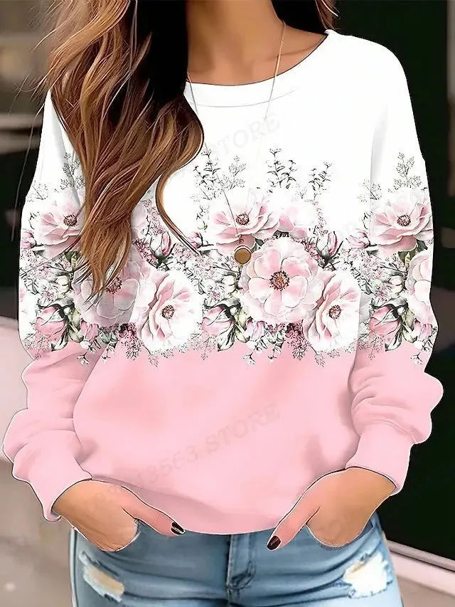 Floral Hoodie O-neck Hoodie Women Fashion Hoodies Women Sweats Floral Round Neck Pullovers
