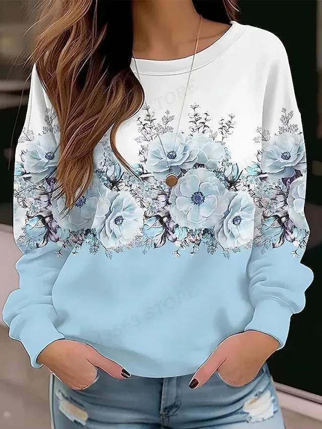 Floral Hoodie O-neck Hoodie Women Fashion Hoodies Women Sweats Floral Round Neck Pullovers