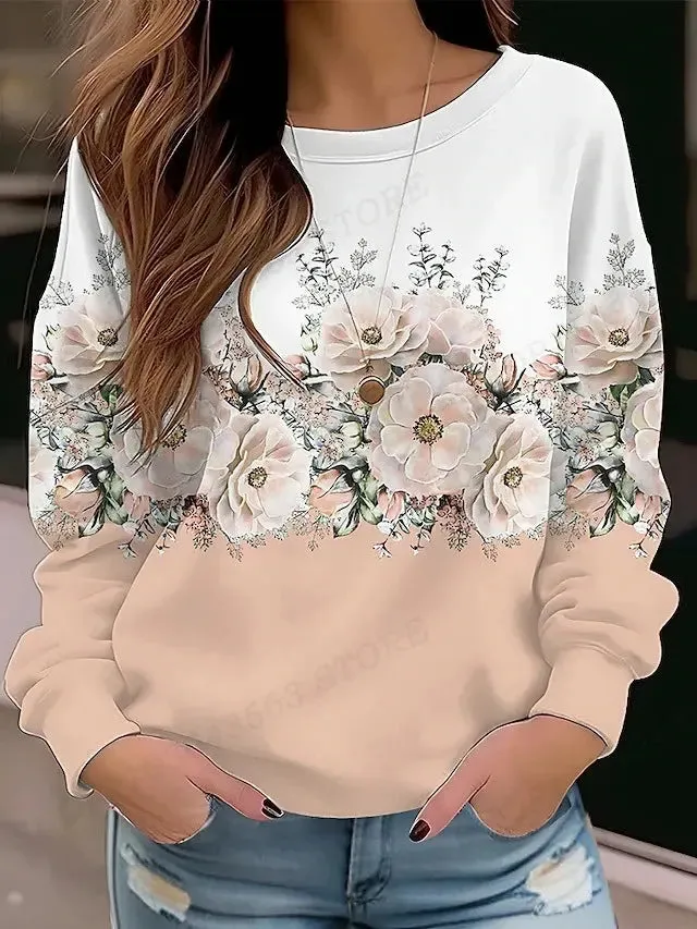 Floral Hoodie O-neck Hoodie Women Fashion Hoodies Women Sweats Floral Round Neck Pullovers