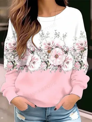 Floral Hoodie O-neck Hoodie Women Fashion Hoodies Women Sweats Floral Round Neck Pullovers