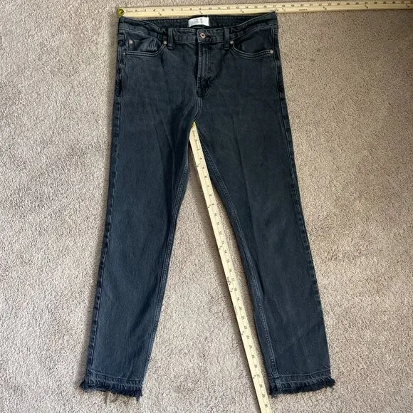 Free People Jeans Womens 31 Black Cuffed Slim Boyfriend Faded Ripped Raw Hem