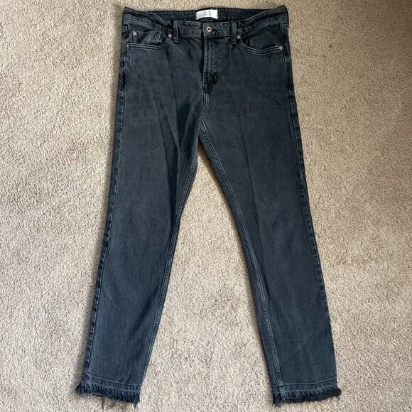 Free People Jeans Womens 31 Black Cuffed Slim Boyfriend Faded Ripped Raw Hem