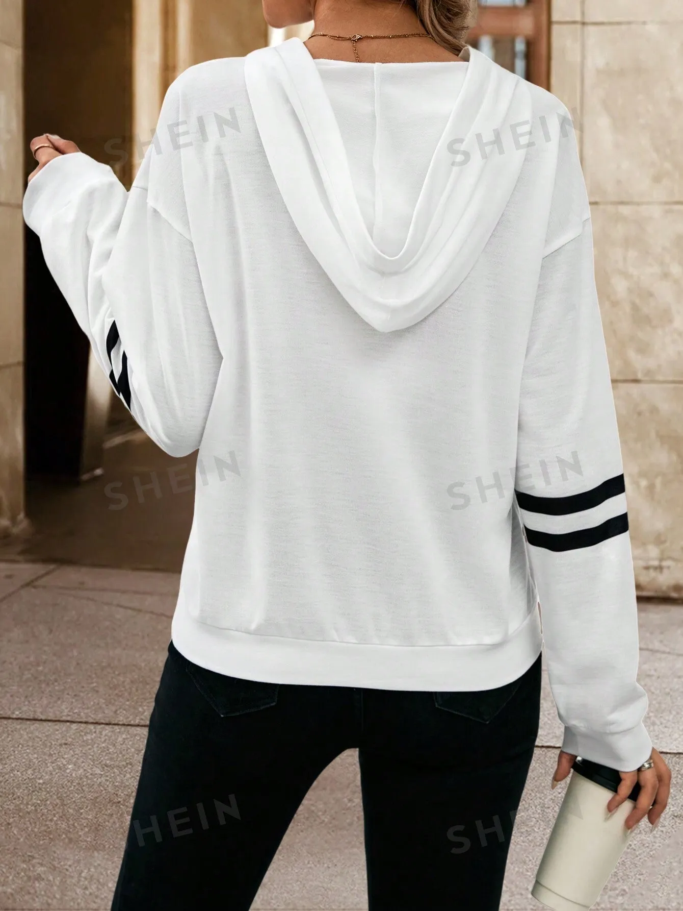 Frenchy Black & White Stripe Hooded Loose Sweatshirt