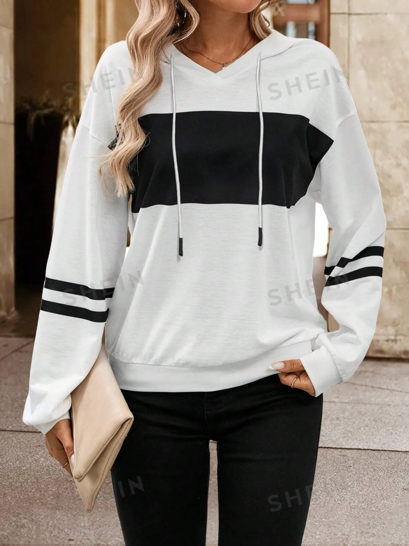 Frenchy Black & White Stripe Hooded Loose Sweatshirt