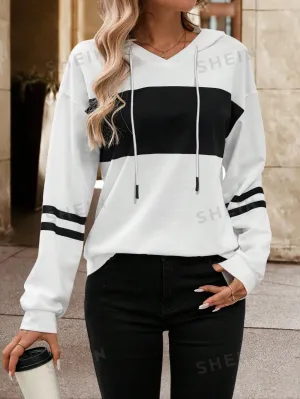 Frenchy Black & White Stripe Hooded Loose Sweatshirt