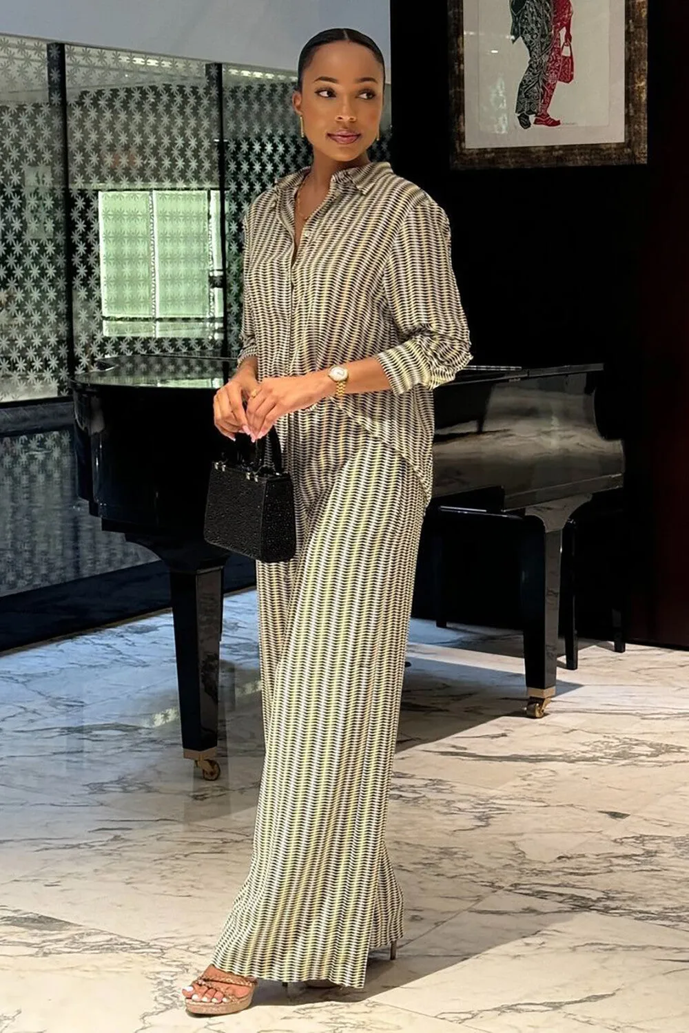 Geometric Print Striped Long Sleeve Blouse Wide Leg Pants 2pcs Set-Green