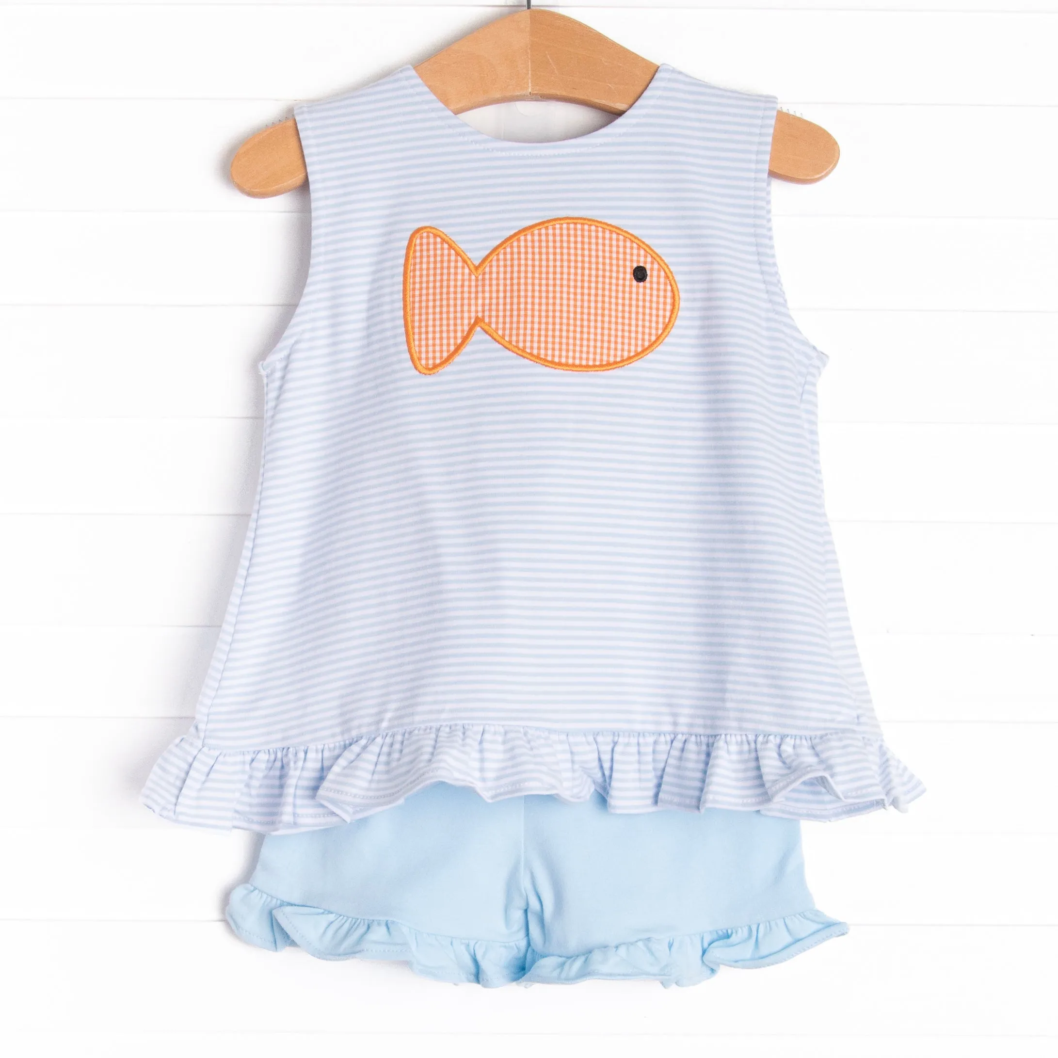 Gingham Goldfish Applique Ruffle Short Set, Blue