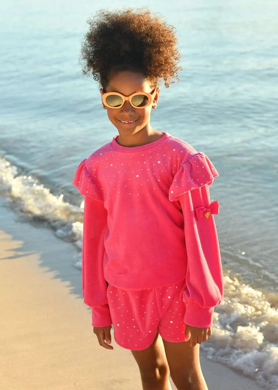 Girls Bijou Crystal Velour Short Set in Pink