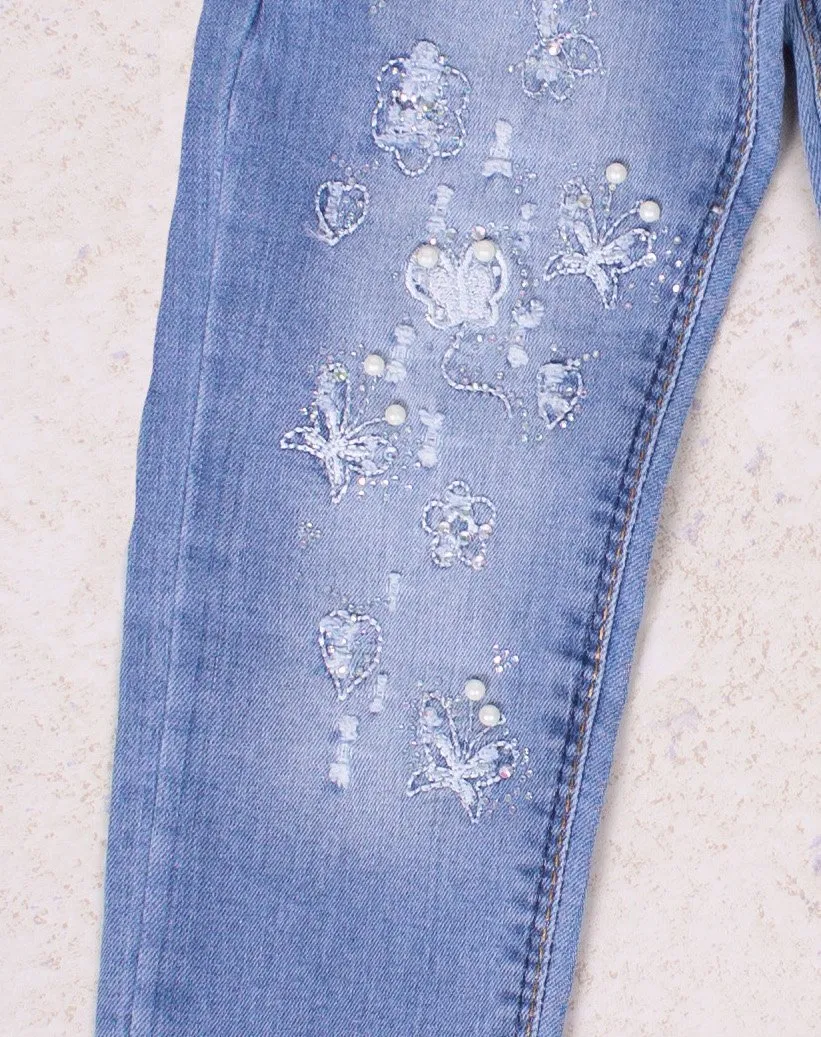 Girls' White Flower Jeans
