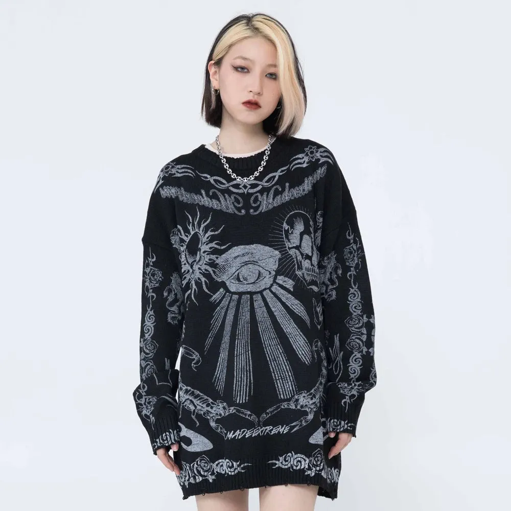 Gothic Skulls Oversized Sweater with Frayed Details for Women