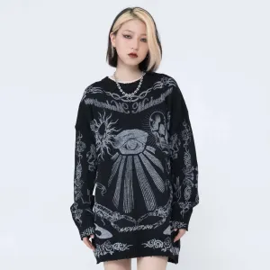 Gothic Skulls Oversized Sweater with Frayed Details for Women