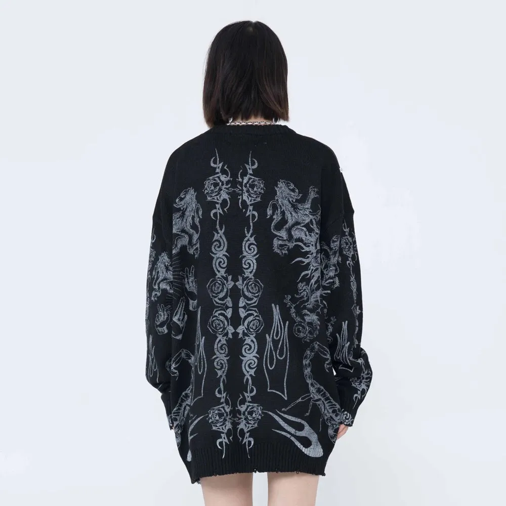 Gothic Skulls Oversized Sweater with Frayed Details for Women