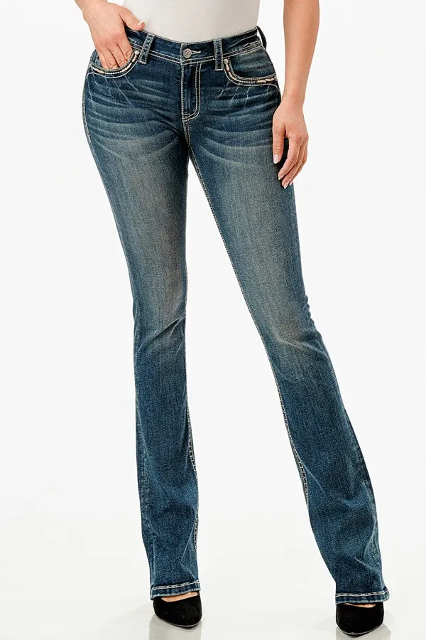 GRACE IN LA Easyfit Embellished Scroll Pocket Bootcut Jeans