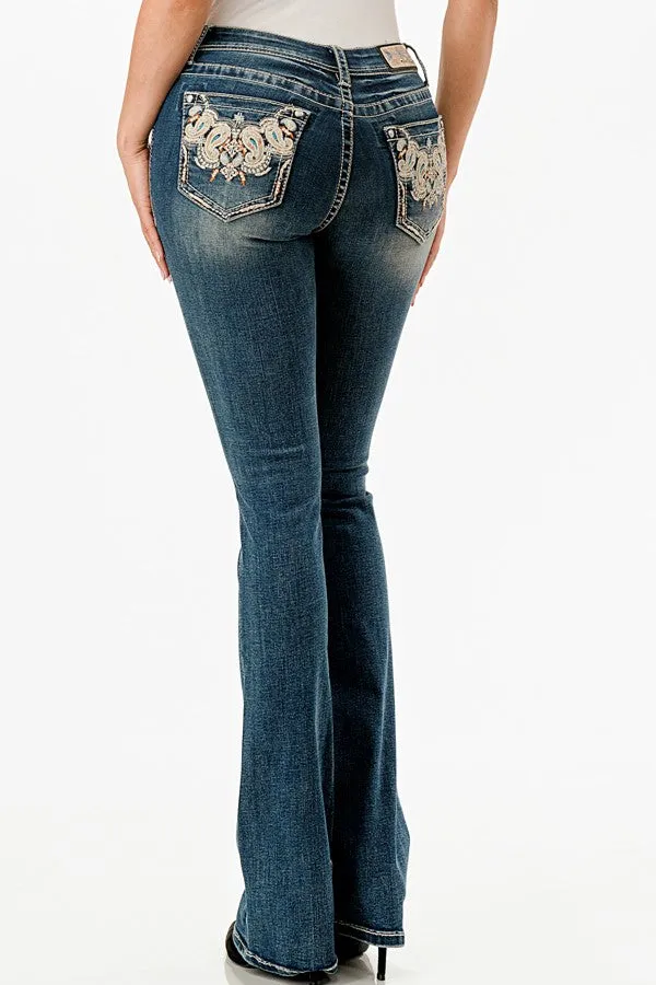 GRACE IN LA Easyfit Embellished Scroll Pocket Bootcut Jeans