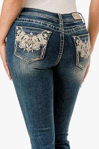 GRACE IN LA Easyfit Embellished Scroll Pocket Bootcut Jeans