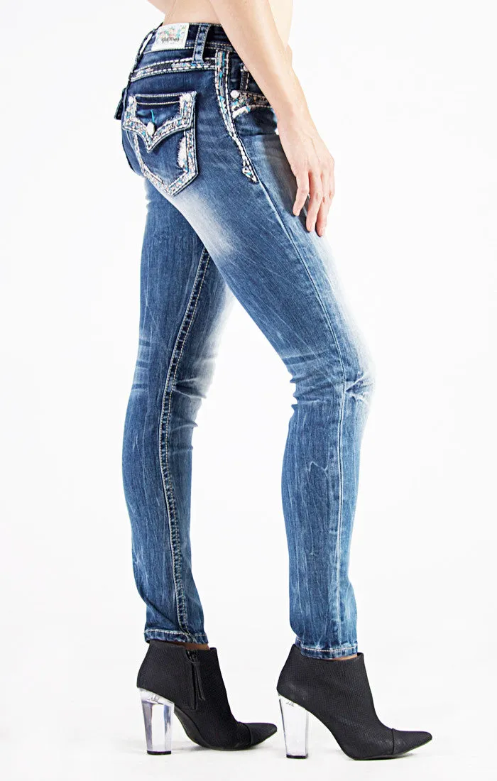 Grace in LA Embellished Faux Flap Pockets Skinny Jeans