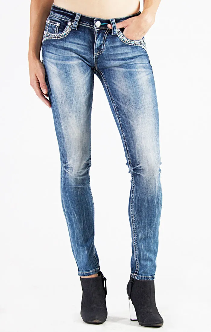 Grace in LA Embellished Faux Flap Pockets Skinny Jeans