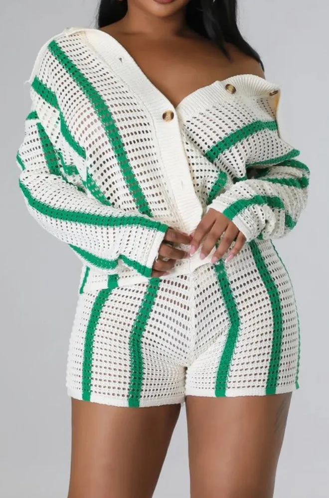 Green Striped Crochet Knit Short Set