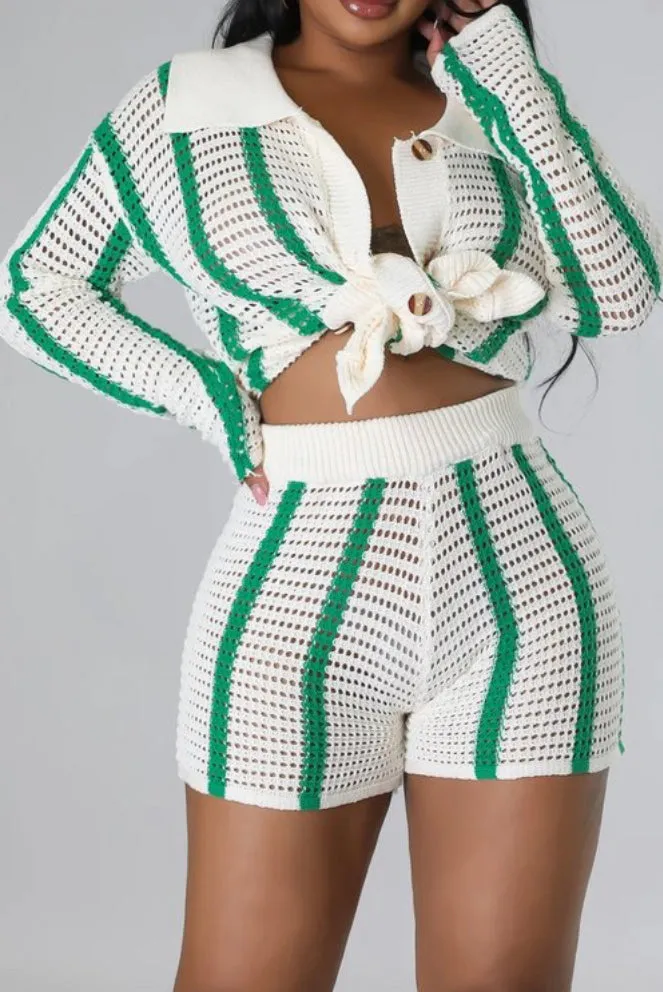 Green Striped Crochet Knit Short Set