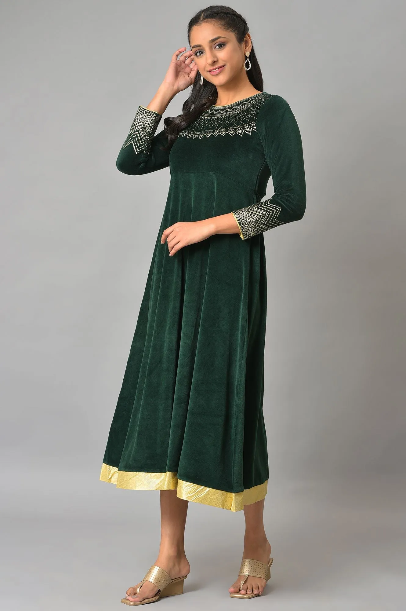 Green Zari Embroidered Long Dress