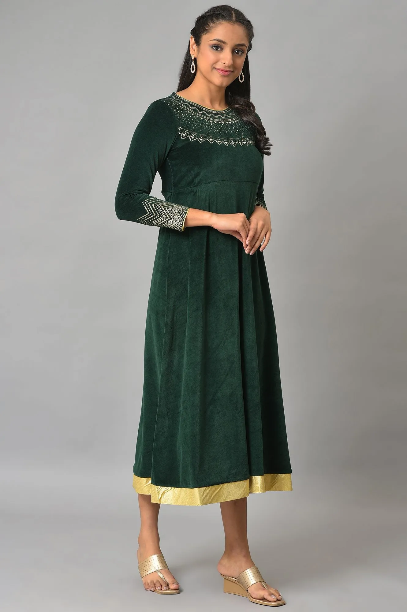 Green Zari Embroidered Long Dress
