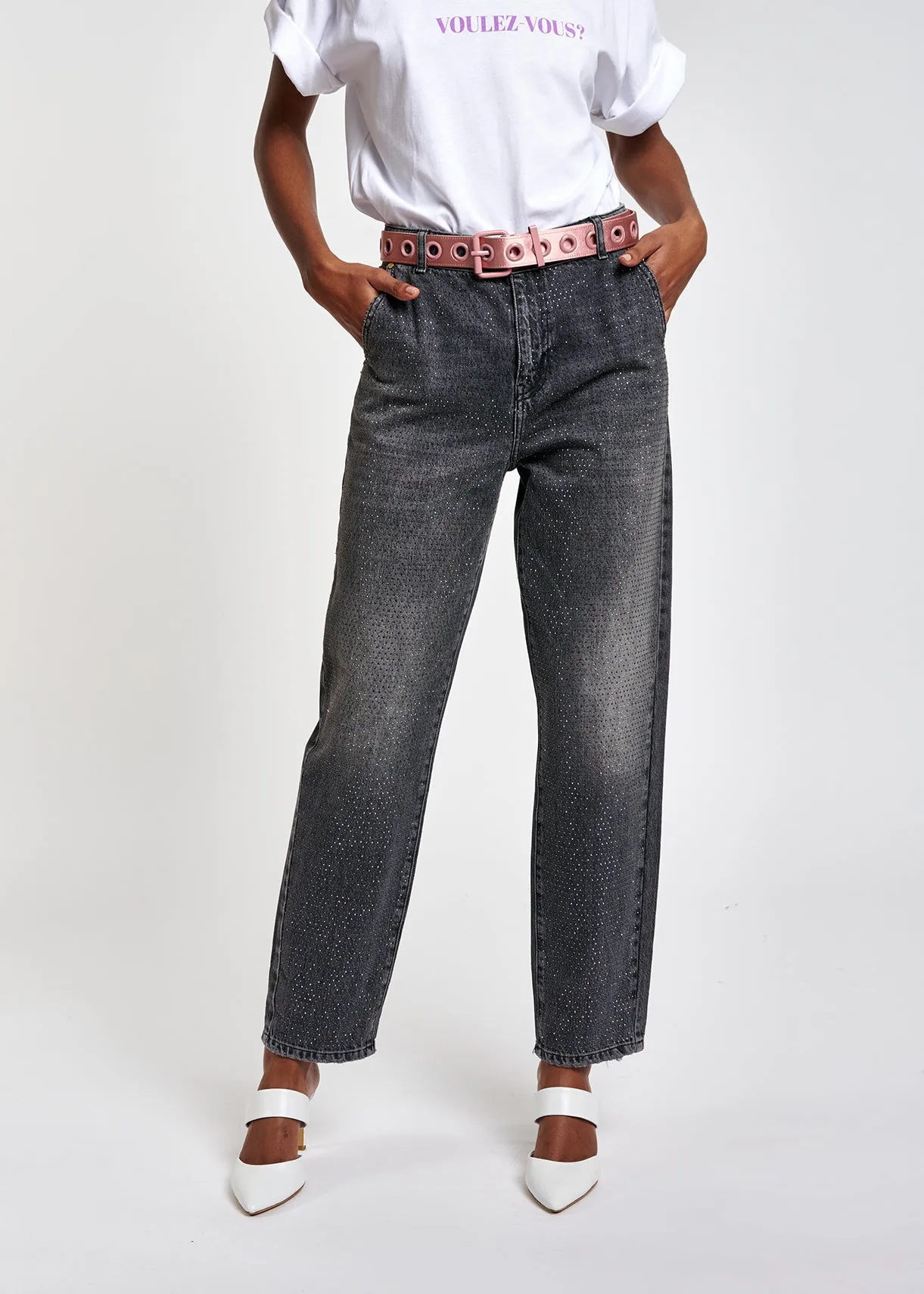 Grey rhinestone-embellished jeans