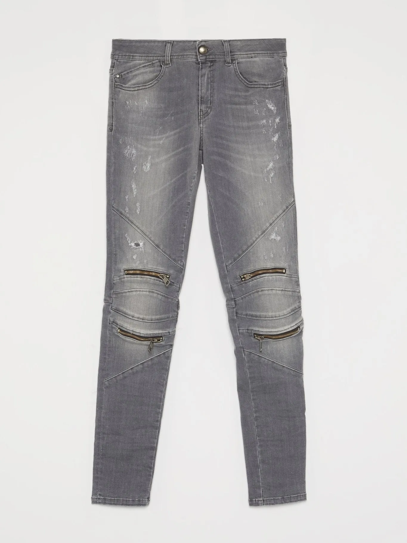 Grey Zip Knee Biker Jeans
