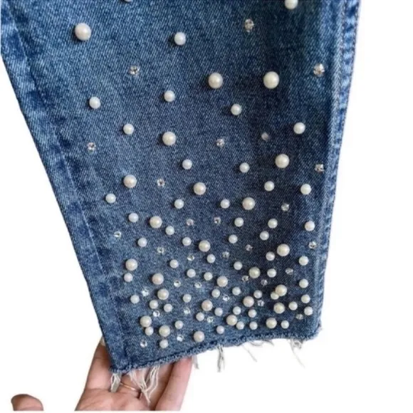 GRLFRND KAROLINA FAUX PEARL &amp; CRYSTAL EMBELLISHED High Waist JEANS Size30