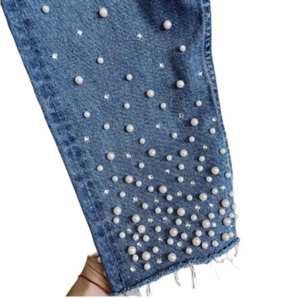 GRLFRND KAROLINA FAUX PEARL &amp; CRYSTAL EMBELLISHED High Waist JEANS Size30