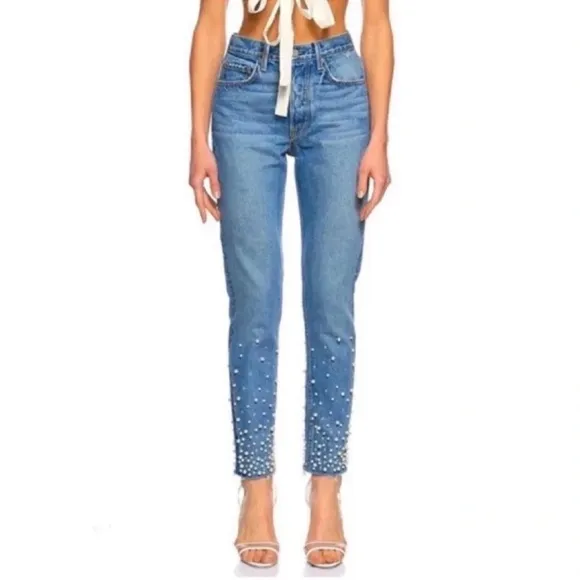 GRLFRND KAROLINA FAUX PEARL &amp; CRYSTAL EMBELLISHED High Waist JEANS Size30