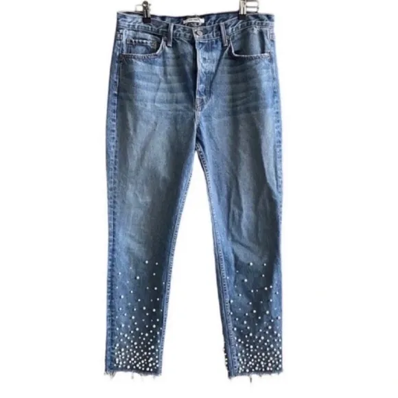 GRLFRND KAROLINA FAUX PEARL &amp; CRYSTAL EMBELLISHED High Waist JEANS Size30