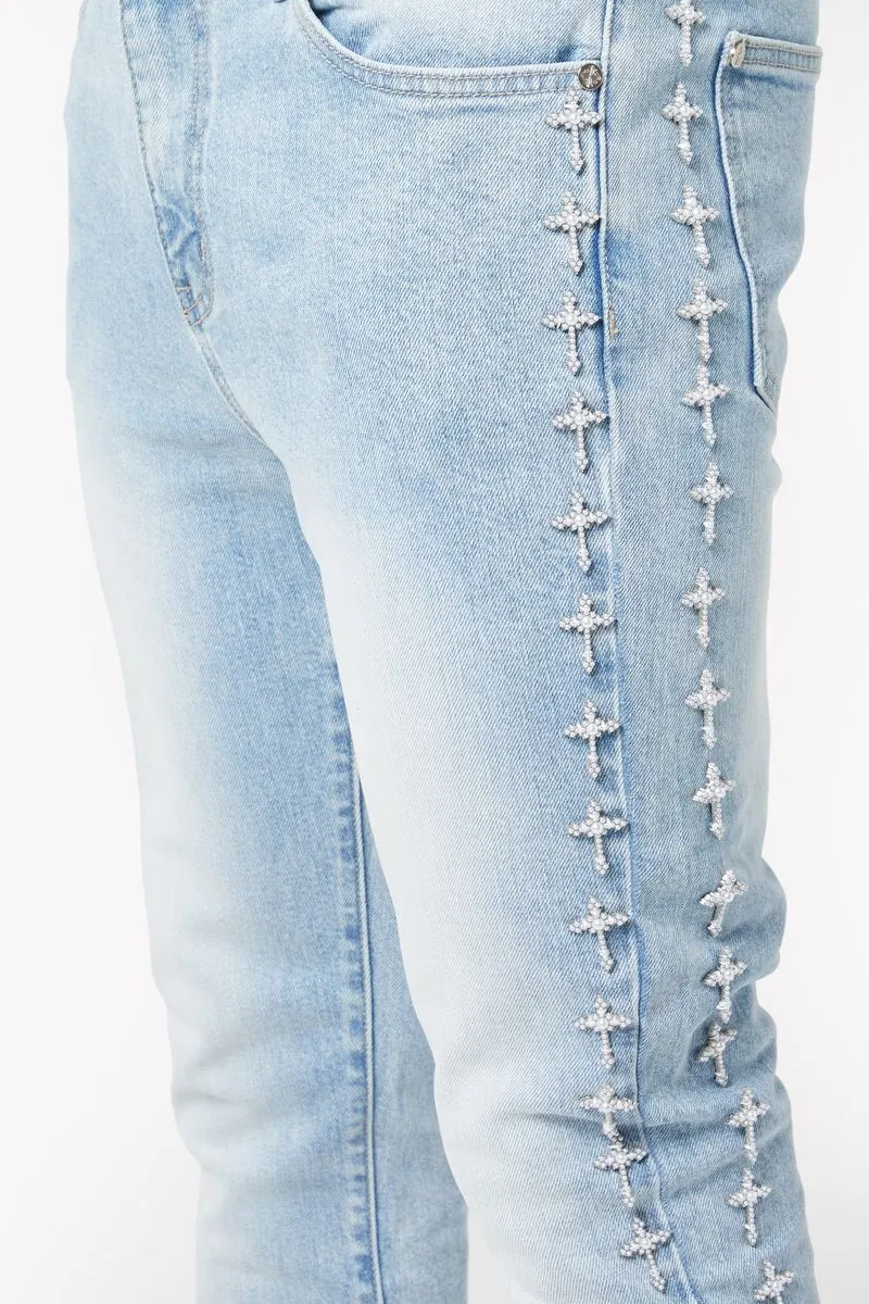 GUAPI Vintage Blue Crosses Embellished Denim
