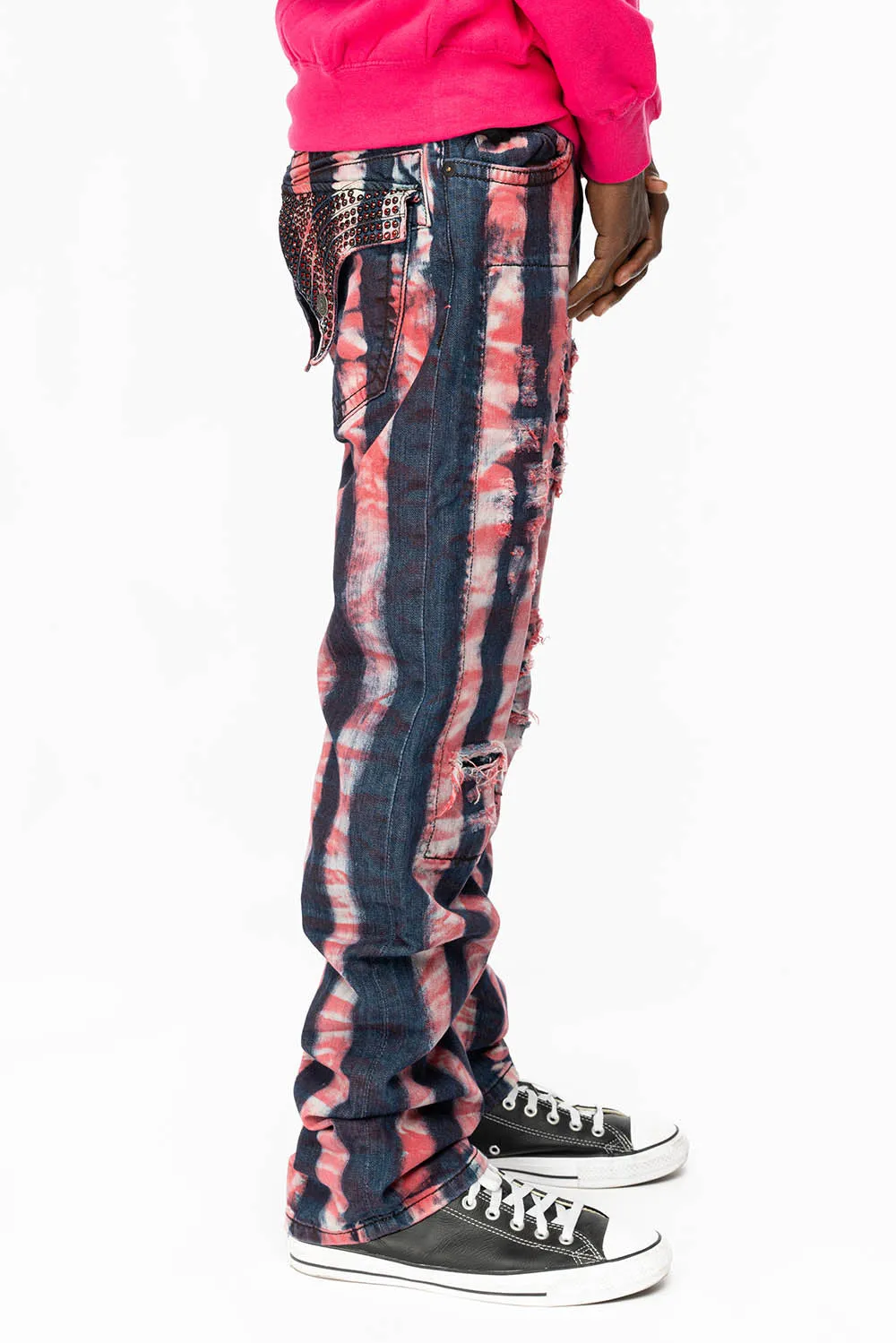 GYPSY STRAIGHT LEG RE-PATCHED JEANS WITH LONG FLAP EMBELLISHED WITH FULL RED CRYSTALS IN PRISONER RED