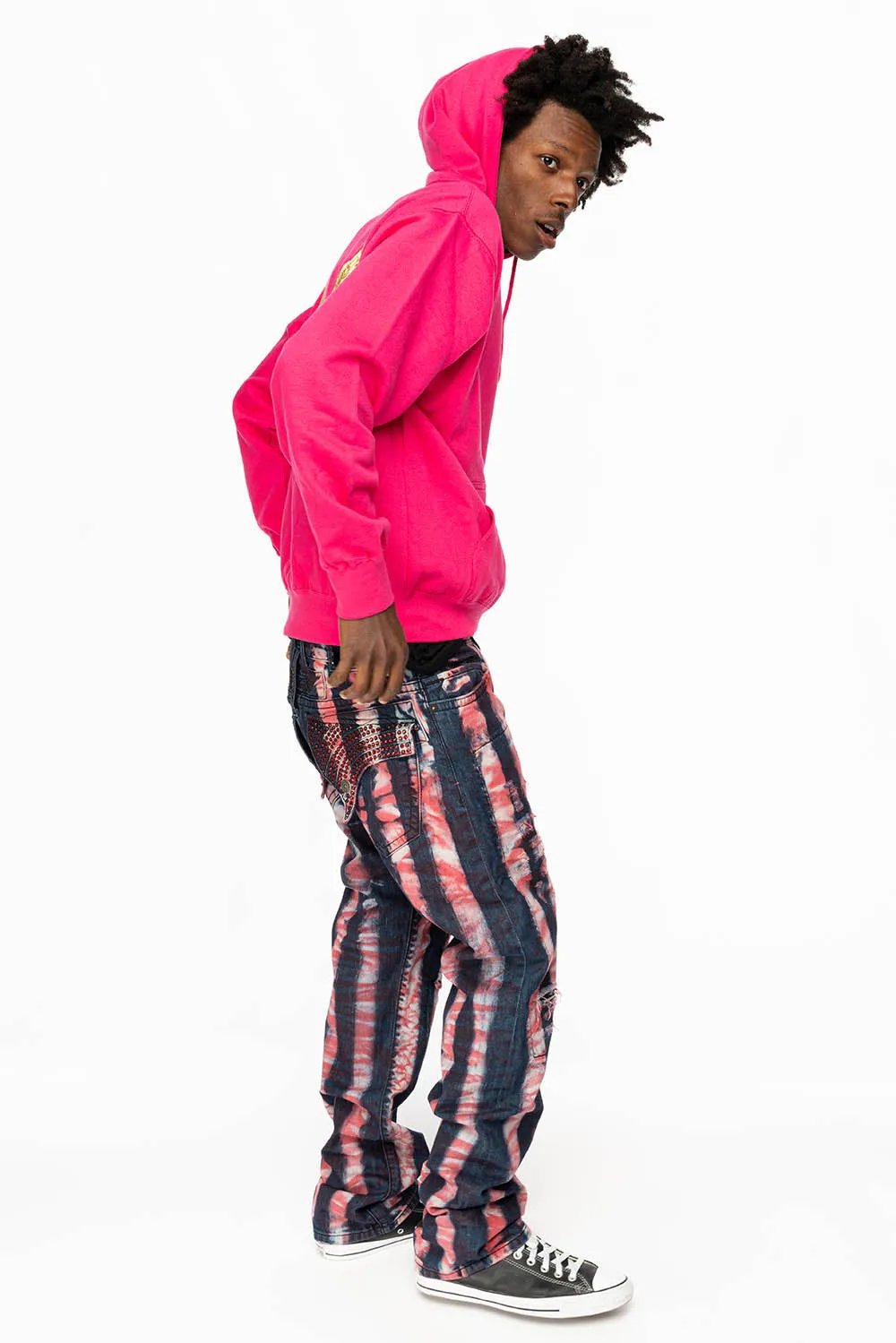 GYPSY STRAIGHT LEG RE-PATCHED JEANS WITH LONG FLAP EMBELLISHED WITH FULL RED CRYSTALS IN PRISONER RED