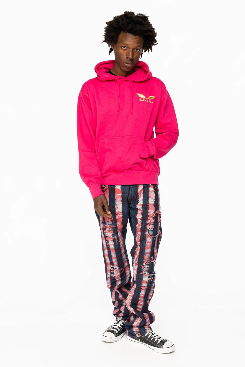 GYPSY STRAIGHT LEG RE-PATCHED JEANS WITH LONG FLAP EMBELLISHED WITH FULL RED CRYSTALS IN PRISONER RED