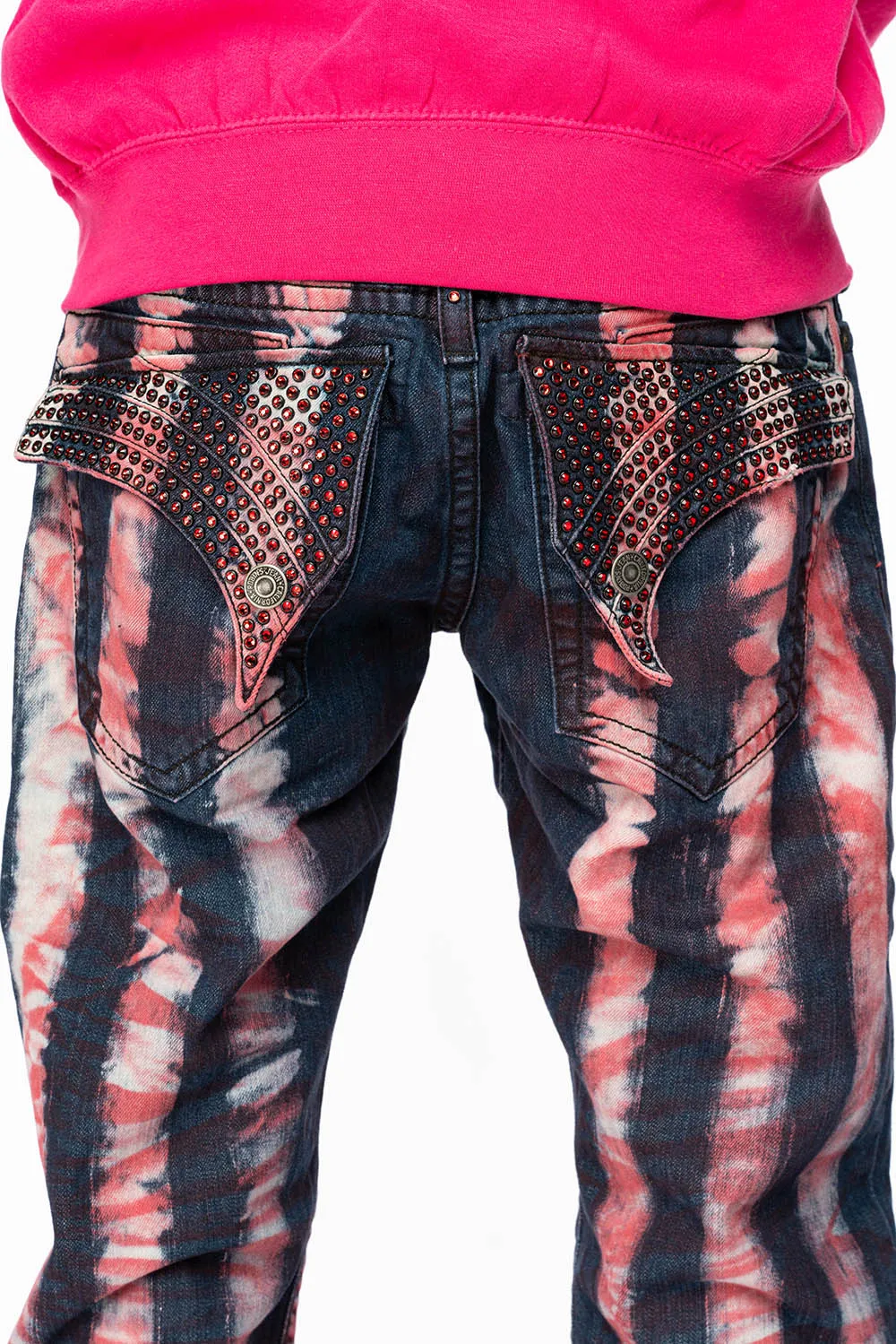 GYPSY STRAIGHT LEG RE-PATCHED JEANS WITH LONG FLAP EMBELLISHED WITH FULL RED CRYSTALS IN PRISONER RED