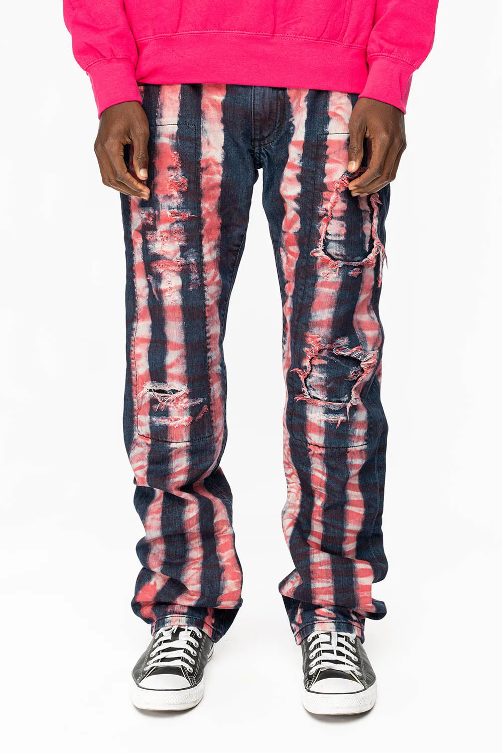 GYPSY STRAIGHT LEG RE-PATCHED JEANS WITH LONG FLAP EMBELLISHED WITH FULL RED CRYSTALS IN PRISONER RED