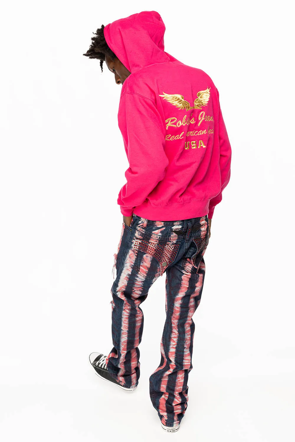 GYPSY STRAIGHT LEG RE-PATCHED JEANS WITH LONG FLAP EMBELLISHED WITH FULL RED CRYSTALS IN PRISONER RED