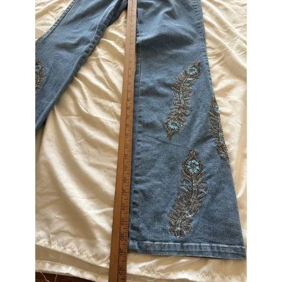 Haven Bleu Womens Sz. 2 Blue Denim Jeans Embellished Feather Beaded Design Boho