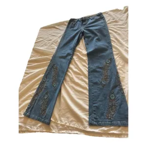 Haven Bleu Womens Sz. 2 Blue Denim Jeans Embellished Feather Beaded Design Boho