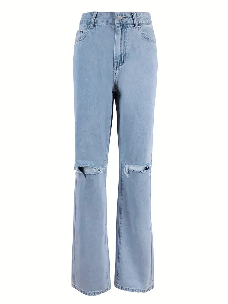 Hellblaue 2000er Y2k Boyfriend Jeans mit Zerrissenem Design
