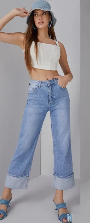 High Waist Wide Leg Jeans Cuff Hem