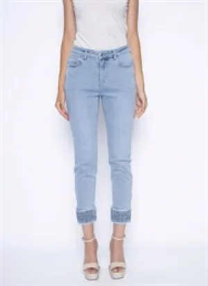 Ice Blue Denim Fringed Embroidered Ankle Jeans