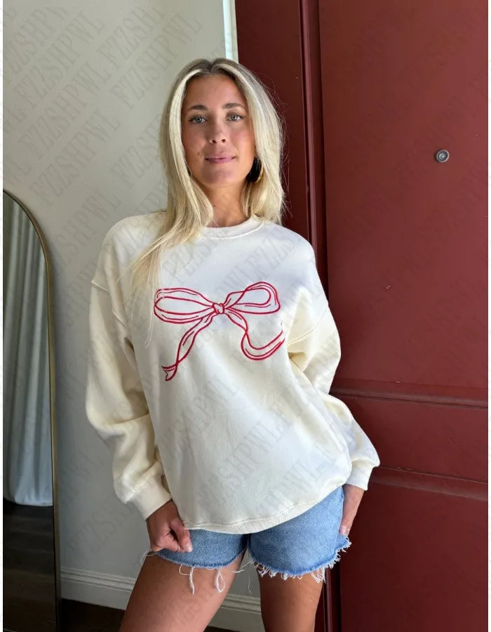 JazzHer Bow Embroidery Women Sweet Cute Winter Sweatshirt Y2K style Harajuku High Street Casual Round Neck All-Match Pullover Sweatshirt