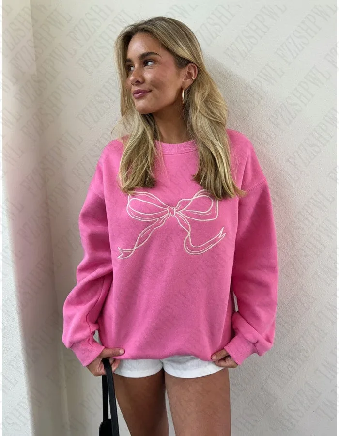 JazzHer Bow Embroidery Women Sweet Cute Winter Sweatshirt Y2K style Harajuku High Street Casual Round Neck All-Match Pullover Sweatshirt